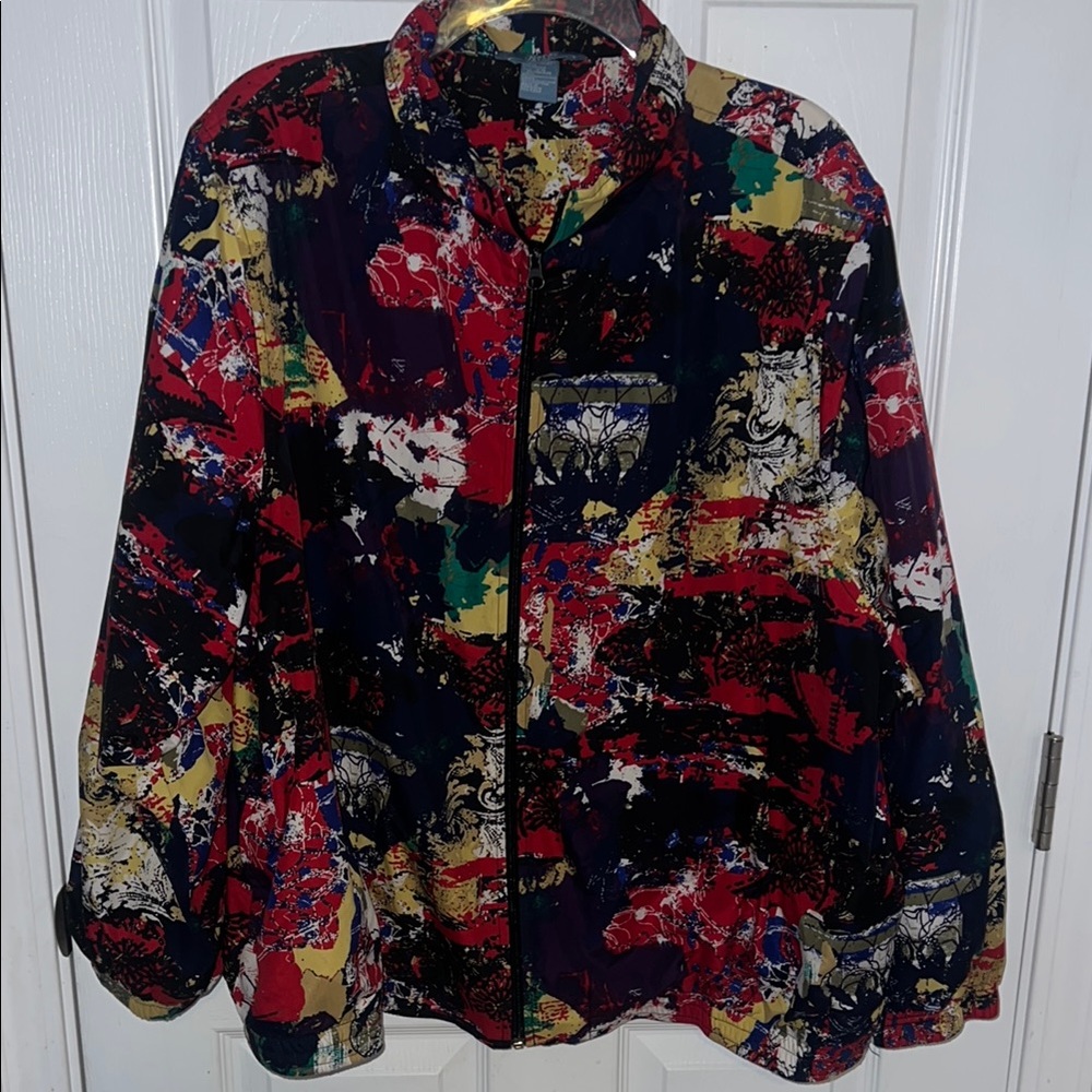 Red and Blue Artistic Windbreaker with Abstract Pattern